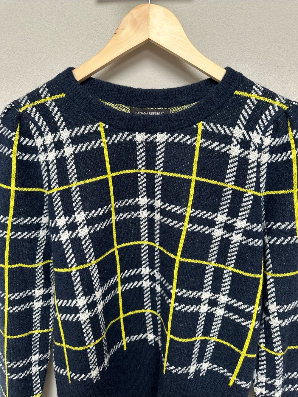 Banana Republic Navy Crewneck Sweater with White Plaid and Yellow Grid